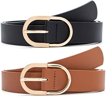 MORELESS 2 Pack Women's Leather Belts for Jeans Pants with Fashion Center Bar Buckle Black and Brown Medium