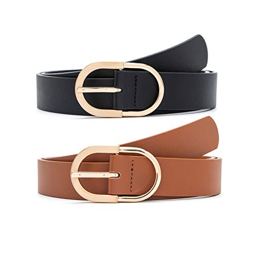 MORELESS 2 Pack Women's Leather Belts for Jeans Pants with Fashion Center Bar Buckle