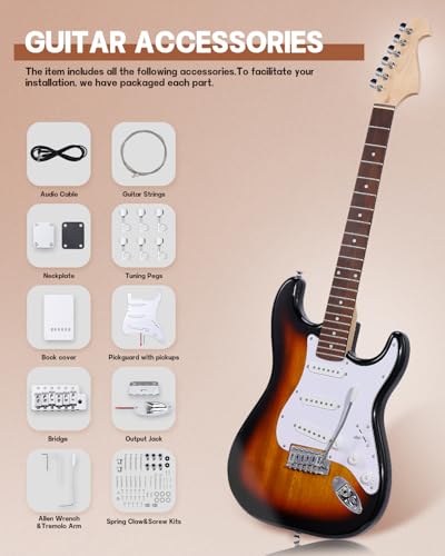 Image of Leo Jaymz DIY ST Style Electric Guitar Kits,Spray-painted Mahogany Body,Laurel Wood Fingerboard and Maple Neck, including all Components (ST Sunburst)