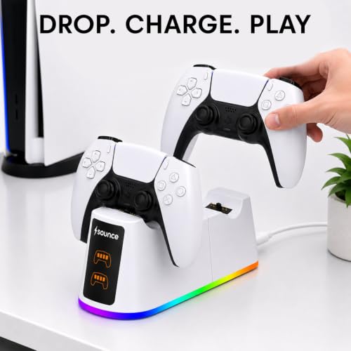 Image of Sounce PS5 Controller Charging Station, 2-Hour Fast Dual Charger Dock for PlayStation 5 DualSense Controllers, Charges Two Controllers at Once with 2 Included Charging Cables (White).