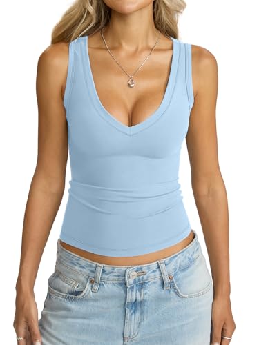 Image of Eachyes Womens V Neck Tank Tops Sleeveless Slim Fit Shirts Summer Going Out Fashion Outfit Clothes 2026