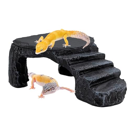 JWIZYOTR Reptile Basking Platform Turtle Basking Platform Leopard Gecko Tank Accessories Reptile Hide with Rock Plate for Lizard Crested Gecko (Medium-Grey)
