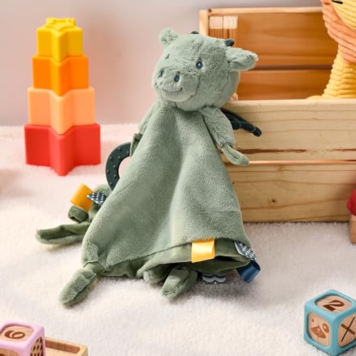 Image of Baby Dragon Security Blanket, Soft Loveys for Babies, Lovey for Newborn Boys and Girls, Gender Neutral Security Blanket with Stuffed Animal, Baby Snuggle Toy with Teether & Textured Ribbons