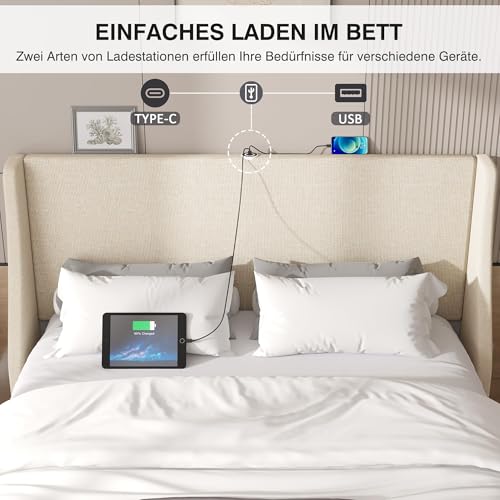 VECELO Polsterbett 140x200 cm mit USB & Type-C Anschlüssen, Doppelbett mit Kopfteil und 2 Seitentaschen, Bett Bettrahmen Bettgestell mit Lattenrost, Jugendbett, Leinen, Ohne Matratze, Beige