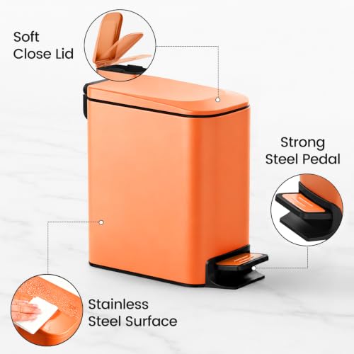 Image of TIPGO Small Bathroom Trash Can with Lid, 1.6 Gal, Soft Close, Orange | Foot Pedal, Soft Quiet Lid, 5.9'' Slim for Narrow Space, Stainless Steel, Anti-fingerprint, Removable Inner Bucket, Odor Seal