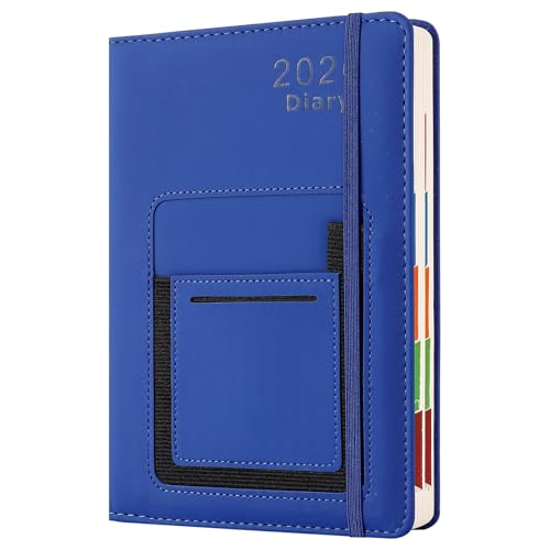 Diario accademico 2026, agenda con linguetta mensile colorata, tasca anteriore/interna, chiusura elastica (blu), formato A5, pagina al giorno da gennaio a dicembre