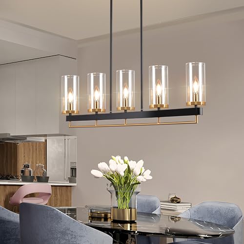Linear Chandeliers for Dining Room 42" Dining Room Light Fixture Black and Gold Pendant Lights Kitchen Island Lighing Modern Industrial Chandelier with Clear Glass Shade Island Lights for Kitchen by uznhty - Image 9