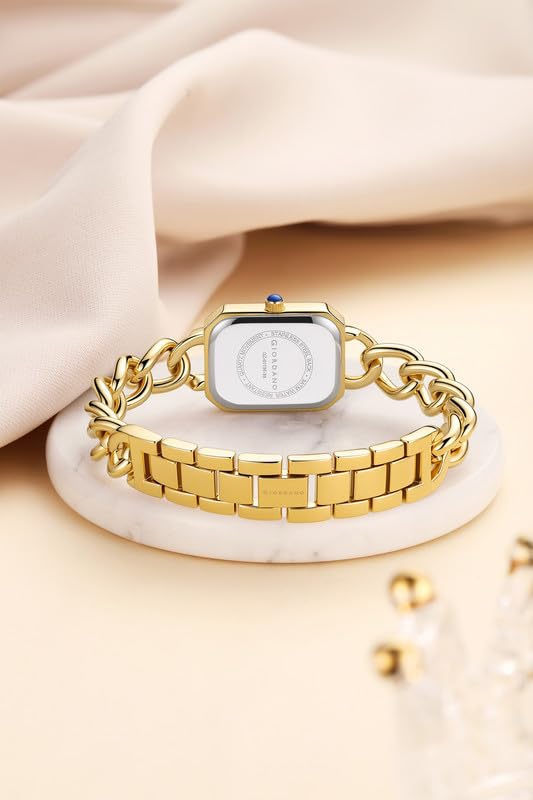 Image of Giordano Elegant Watch for Women with Gloss Sunray Dial, Quartz Movement, Rectangular Case, Stainless Steel Chain Strap and Blue Crown Accent