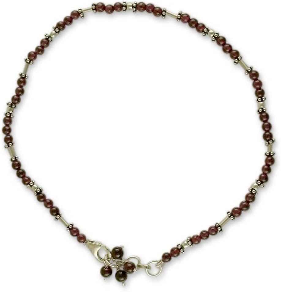 NOVICA Artisan Handmade Garnet Beaded Anklet Sterling Silver Red India Sangria Marsala Birthstone [9.5 in min L x 9.75 in max L x 0.2 in W] ' Crimson Trios'