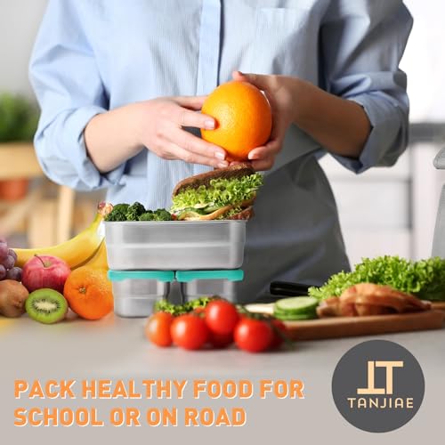 Image of Tanjiae Stainless Steel Lunch Snack Containers Set | Leak Proof 304 Stainless Steel Food Containers with Silicone Lids - Perfect Metal Lunch Box for School and Daycare (Green Orange Lunch, Medium)