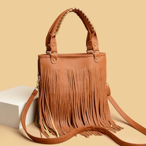 Image of IAMUHI Casual Rivets Fringed Shoulder Handbag for Women,Soft Vegan Leather Hippie Crossbody Purse Bag Hobo Bag