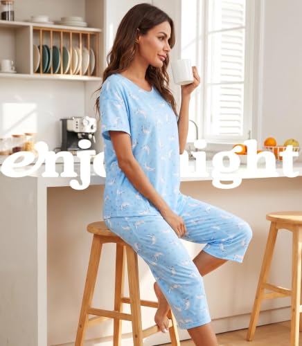 Image of ENJOYNIGHT Womens Pajama Sets Cotton Pj Set Short Sleeve Top With Capri Pants Sleepwear 2 Piece Lounge Set