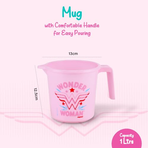 Image of Nayasa Kids Wonder Women Print Bathroom Set of 3 | 18 LTR Bucket, 1 LTR Mug and Stool Combo for Children | Sturdy and Durable | Lightweight and Rigid | Easy to Clean and Attractive Design | Pink
