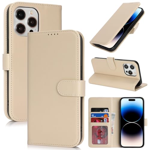Image of for iPhone 14 Pro Case Wallet with Card Holder,for iPhone 14 Pro Wallet Case for Women Men,PU Leather Shockproof Magnetic Buckle Stand Flip Phone Case-Beige