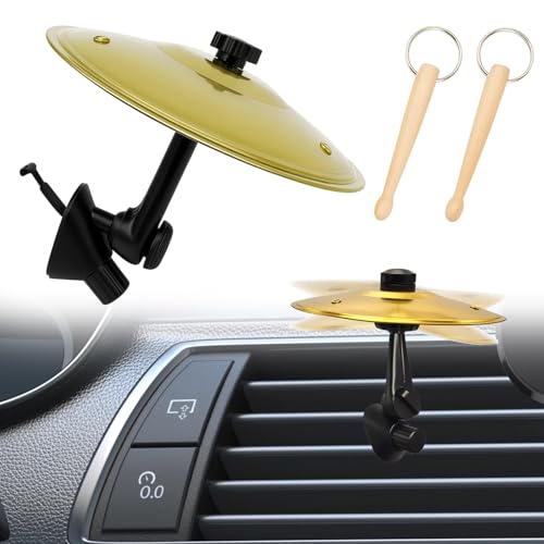 Car Cymbal, Mini Drum Cymbal for Car Air Vent, Gold Cym-bal with 2 Drumsticks, Fun Musical Accessory for Drivers and Music Enthusiasts, Great Gift for Cars Karaoke and Prank Lovers