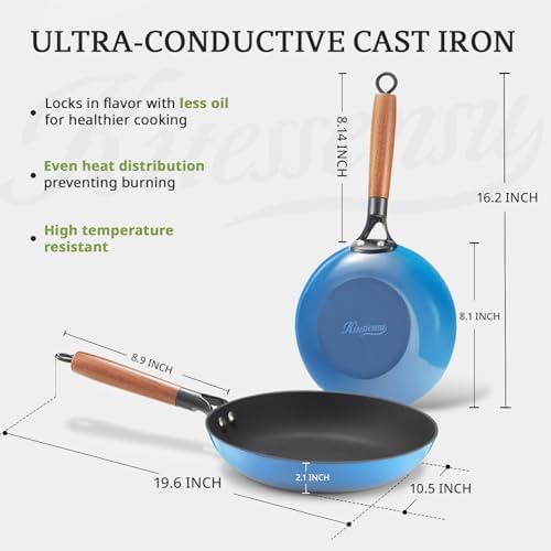 KITESSENSU Enameled Cast Iron Skillets - Non Stick Frying Pans Set with Durable Wooden Handle - 10&12 Inch Titanium Cast Iron Pans for Multi-Cooking - Pre Seasoned Cookware Set - Gradual Cobalt Blue - Thumbnail 5