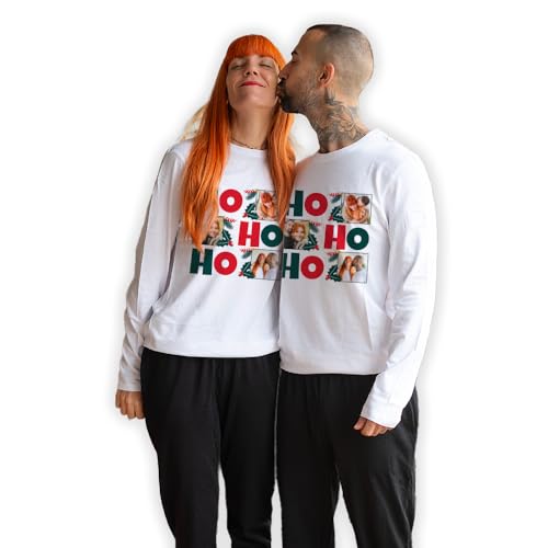 Transparent Gift Pijama de Navidad Personalizado con Fotos HO HO HO. Pijamas Navidad Familia. Pijama Parejas. Pijamas Mujer y Hombre. Regalos Navideños. Ropa de Dormir. Regalos Originales para Familia