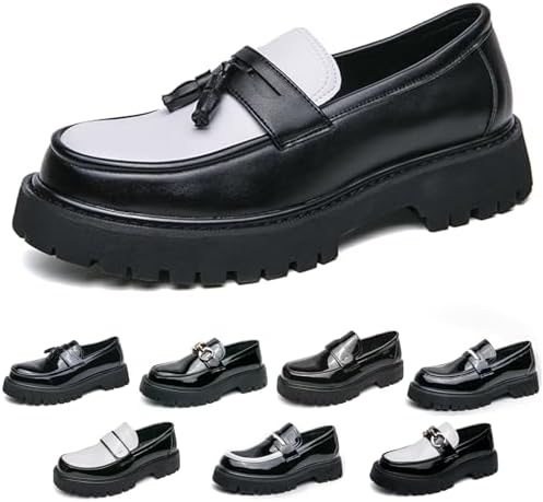 Men's Fashion Black and White Two Tone Chunky Platform Penny Loafers Classic Slip-On Lug Sole Business Work Dress Shoes Daily Non-Slip Shock Absorbing Casual Shoes Large Size 5.5-14