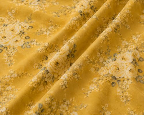 Image of Fitted Bedsheet Yellow Golden Floral Print Glace Cotton 210 TC | King Size for Double Bed Fits 6 x 6.5 ft Mattress (72 x 78 Inch) | All Around Elastic | 2 Pillow Covers | 10 Inch Deep Pocket