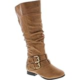 TOP Moda Womens Coco-20 Knee High Round Toe Buckle Slouched Riding Flat Boots,Taupe,8.5