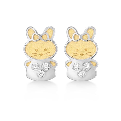 Puces lapin or 9 ct boucles d'oreilles bicolore oxyde de zirconium enfant