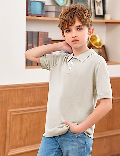 Boys Short Sleeve Polo Shirts Soft Stretch School Uniform Knitted Classic Fit Sweater Shirt Beige #TOP1