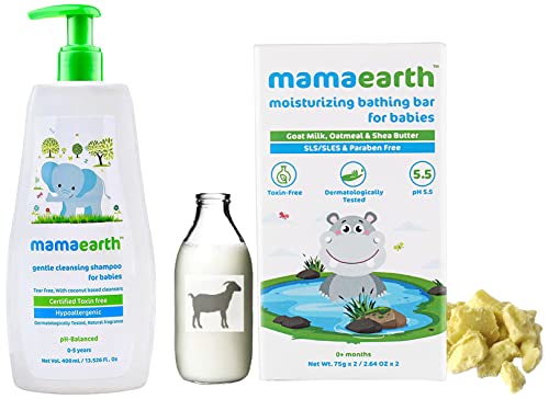Image of Mamaearth Gentle Cleansing Natural Baby Shampoo (400 ml) & Mamaearth Moisturizing Baby Bathing Soap Bar, pH 5.5, with Goat Milk & Oatmeal. Pack of 2, 75gms Each
