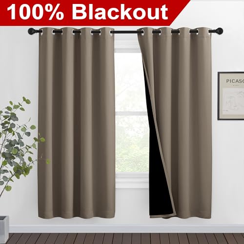 Image of NICETOWN Taupe Full Shade Curtain Panels, Pair of Thermal Insulated & Energy Efficiency Blackout Curtains for Living Room Windows, Lined Silky Performance Window Dressing (46 inch Wide x 72 inch Long, Taupe)