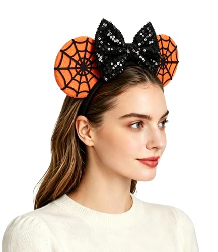 LSHDXD Halloween & Christmas Hairband Hand-made Headband with Adjustable Mouse Ears Glitter Sequin Spider Web Design Unique Gift for Women Unisex Adults (Black 1 Count Pack of 1)