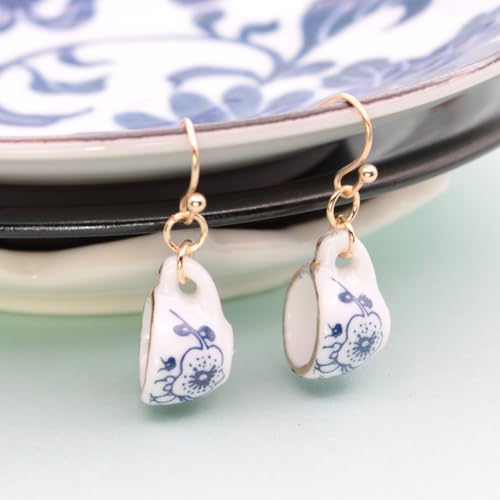 Vintage Blue Flower Ceramic Porcelain Tea Cup Drop Pendant Necklace or Drop Earrings Jewelry Set2