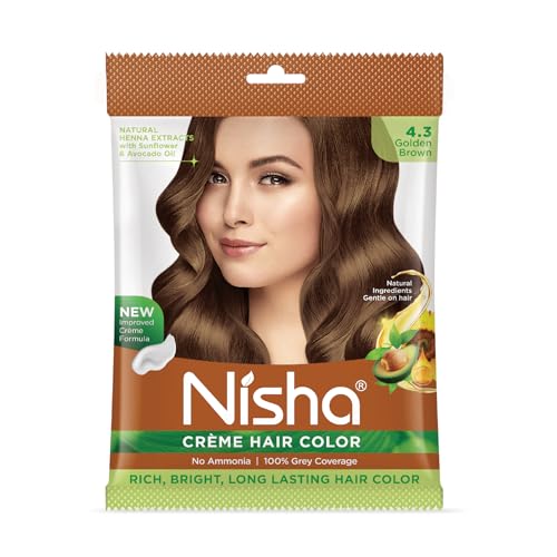 Image of Nisha Creme Hair Color, Permanent Hair Colour Golden Brown, Silky & Shiny 100% Grey Coverage Rich Bright Long Lasting Hair Colouring For Ultra Soft Deep Shine Hair Dye (Pack of 1)