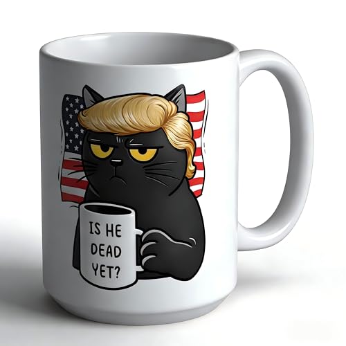 HurOutd Is He Dead Yet Coffee Mug, 15 oz Ceramic FDT Cup, Fuck Trump Mug, Coffee Cups, Black Cat, Gifts for Coworkers, Funny Gifts for Liberal，Halloween Decorations