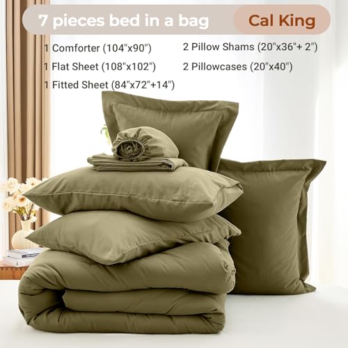 MUXHOMO 7 Pieces California King Comforter Set, Soft Bed in a Bag Cal King Size, All Season Bedding Set with Comforter, Flat Sheet, Fitted Sheet, Pillowcases & Shams, Olive Green