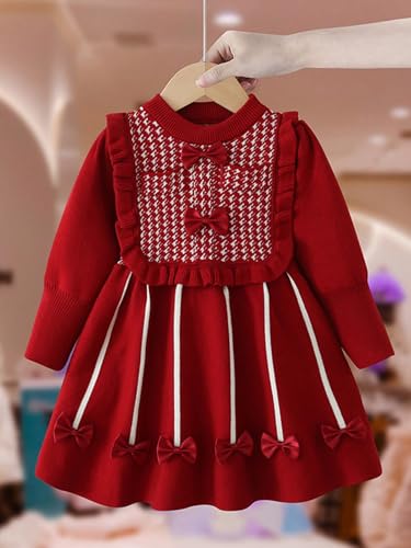 Girls Long Sleeve Sweater Dress Houndstooth Design Bow Decorated Chest and Hem Dress2