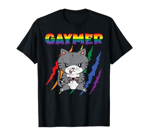 Gaymer Purride Cat Video Game Gamer LGBTQ Rainbow Flag Gay Camiseta