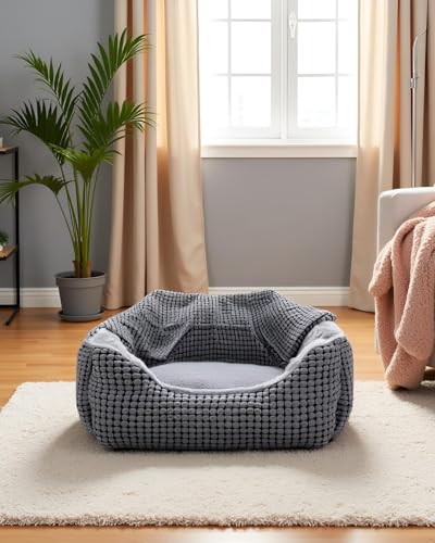 Hundebett Mittelgroße Hunde, Hundekorb mit Herausnehmbar Decke, Hundebetten Cord Flauschiges Waschbar, Rutschfest Hundekörbchen, Hundesofa mit Hohem Rand Passt bis zu 18kg Haustiere(76x61x23cm)