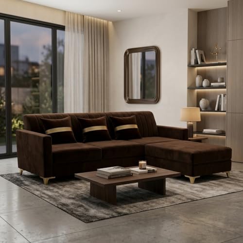 Image of CASASTYLE Groovy 4 Seater L Shape Sofa Set with Movable Ottoman | Flexible Left or Right Layout | Cozy Velvet Fabric | Soft Touch Seating | Modern Designer Sofa for Living Room (Dark Brown)