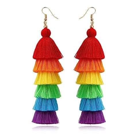 DIYANMMY 3 Tier Layered Colorful Tassel Earrings Bohemian Big Dangle Drop Fashion Jewelry Earrings for Women Valentine Birthday Party Gift. (Rainbow Earrings) Cover