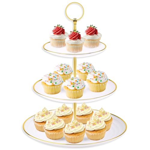 Hoedia 3 Tier Cupcake Stand Tower, White Plastic Cup Cake Holder for Dessert Table, Tiered Serving Tray for Tea Party, Baby Shower, Wedding and More, Round