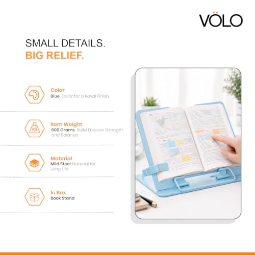 Image of Volo Portable Metal Book Stand Holder - Adjustable, Foldable Design for Desktop Use - Ideal for Cookbooks, Textbooks, Sheet Music, and More - Convenient Book Organizer (Blue)