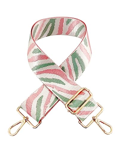 Image of Zebra Pattern Adjustable Bag Strap Replacement 2inch Wide Striped Jacquard Woven Belt for Purse Shoulder Guitar Camera Bag (White Pink Green)