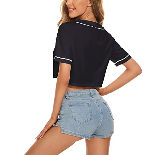 Mowbeat Womens Baseball Jersey Button Down T-Shirts Short Sleeve V-Neck Crop Top Blouse Softball Button Up Jersey (Black,Xl,X-Large,Regular,Regular) #TOP2
