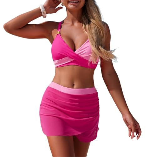Bikini deux pièces sportif rose M avec jupe en maille pour piscine