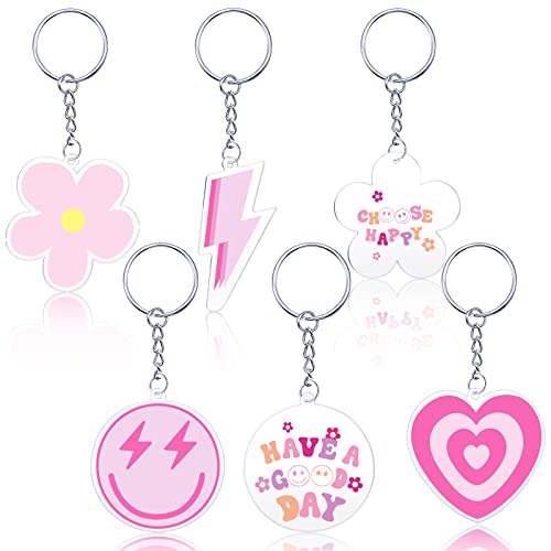 Otuuz 6 Pcs Preppy Smile Key Chain Acrylic Smile Face Keychain Happy Face Aesthetic Preppy Keychain for Backpack Cute Women's Keyrings for Purse Pink Accessories Charm, 6 Designs