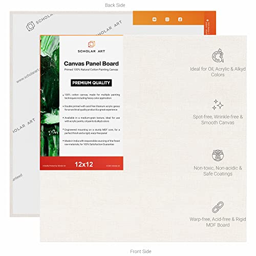 Image of Scholar Art Hobby Series 04 Oz (230 GSM) 100% Cotton Canvas Panel Board for Painting (White Blank Canvas Boards for Acrylic Paint, Oil Paint, Wet & Dry Media) | 12 inchx12 inch (30x30 cm), Pack of 12