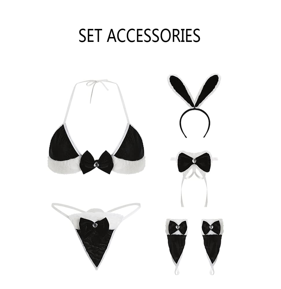 SINROYEE Japanese Lolita Underwear Sexy Bunny Cosplay Lingerie Costume Set Micro Bikini Furry Bra and Panty Kawaii Anime: Pink#2