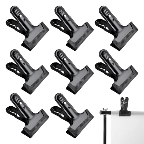 Lot de 8 pinces à ressort pour fond de photographie, pinces à ressort en métal avec étui de protection en caoutchouc, clips robustes pour support de fond de photographie, pinces à ressort