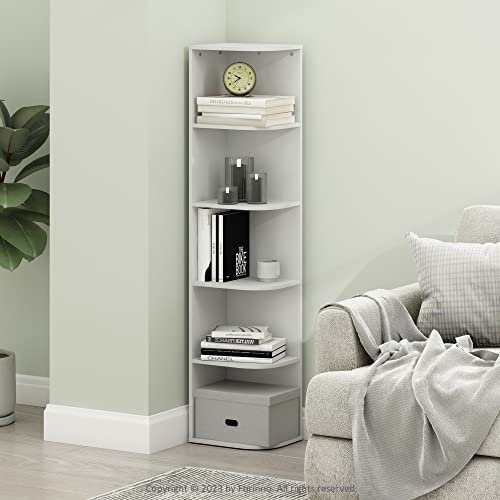 Image of Furinno PASIR Book Shelf, 5-Tier Corner Bookshelf with Open Shelf, Standing Bookcase, 9.3 x 12 x 51.7, for Organization and Storage, for Living Room, Bedroom, Home Office, White