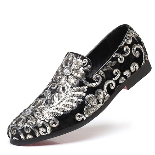 Mens Fashion Embroidered Sequins Dress Loafers Luxury Slip-on Velvet Smoking Slippers Plus Size Party Dancing Wedding Business Shoes