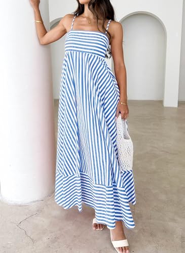 Image of Women Striped Maxi Dress Smocked Backless Spaghetti Strap Long Flowy Dress Sleeveless Boho Aline Sundress
